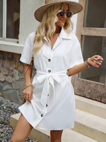 SHEIN Frenchy 女式短襯衫連身裙 - 白色 - 查看 3