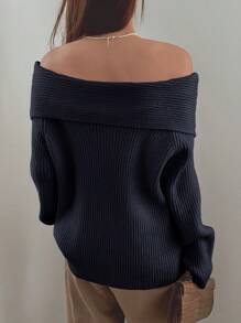 DAZY Off Shoulder Tay áo dài Áo len - Xanh đậm - Xem 3