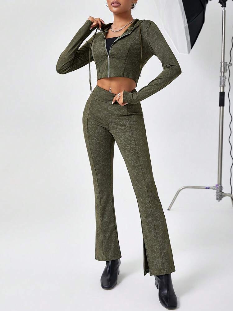 Ladies' Zipper Front Hooded Top And Pants Set