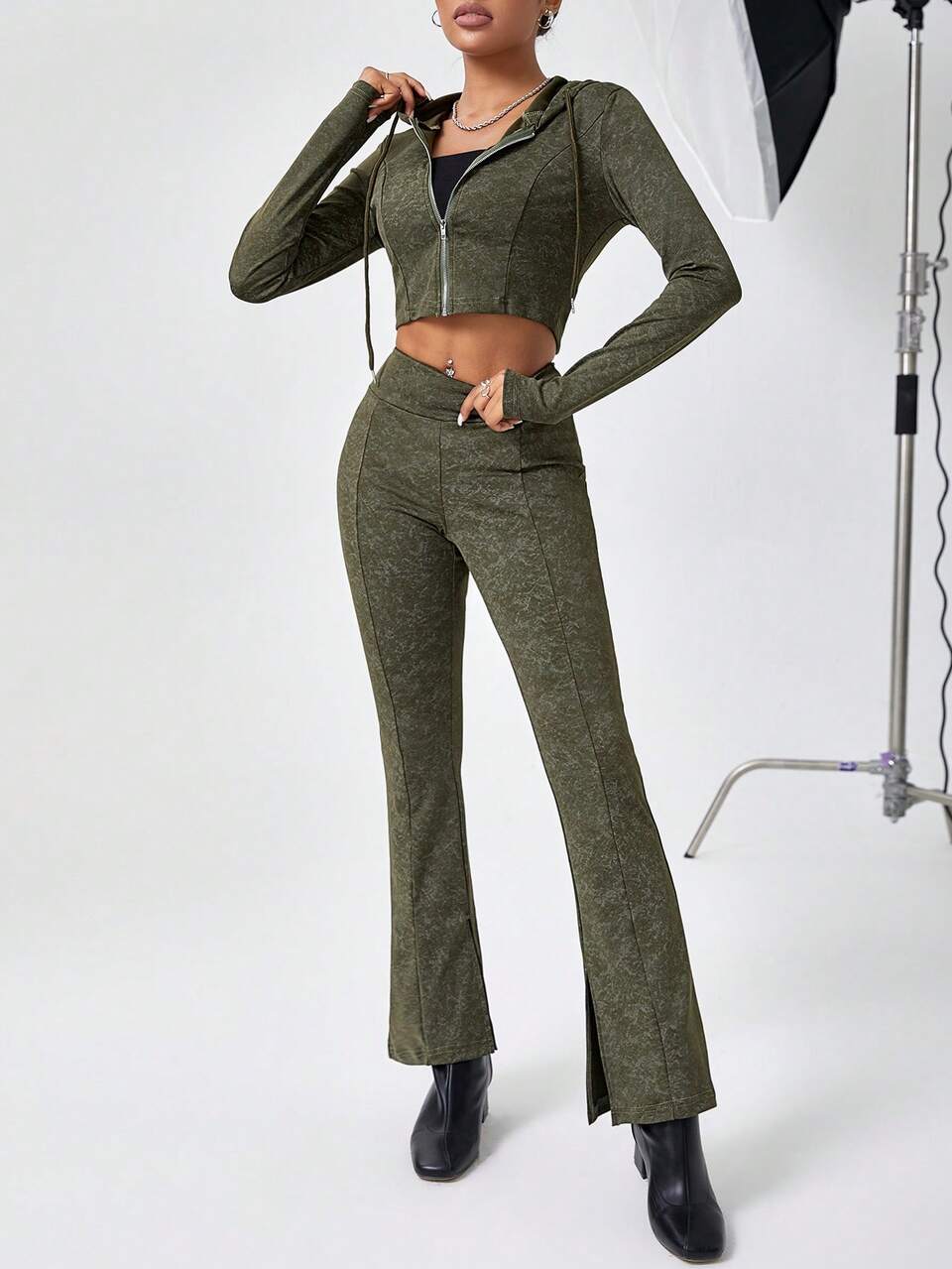 Ladies' Zipper Front Hooded Top And Pants Set