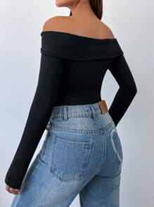 Flirla Plain Foldover Off Shoulder Bodysuit Fall Cloth For Women - Black - View 2