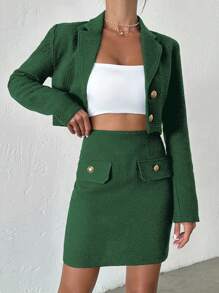 EURMUSE Turn-Down Collar Single-Breasted Suit Jacket And Skirt Set - Green - View 6
