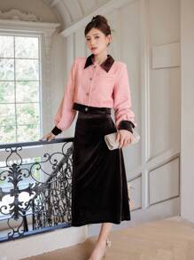 DAZY Women's Colorblock Jacket With Solid Color Knee Length Skirt Set, Women Two Pieces Sets,Fall Clothes - Pink - View 14