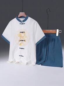 SHEIN Tween Boys' Comoda Camicia Casual A Maniche Corte Con Motivo A Bottoni In Tinta Unita Pantaloncini Hanfu Con Colletto Rialzato