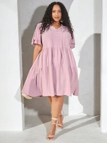 SHEIN CURVE+ 大尺碼女用荷葉邊袖娃娃裝連身裙 - 藕粉色 - 查看 5