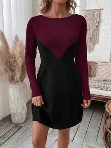 SHEIN Essnce Của phụ nữ Khối màu Vòng cổ Thon gọn Đầm Áo len - Màu Đỏ Sâu - Xem 6