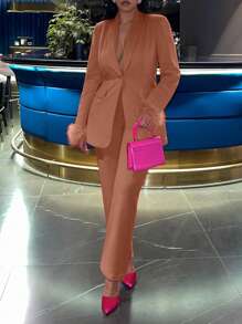 Slaydiva 女士純色翻領單鈕西裝外套+褲子套裝 - 棕色 - 查看 3