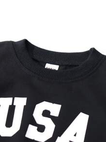 SHEIN 年轻男孩休闲字母与旗帜印花长袖运动衫 - 黑色 - 查看 4