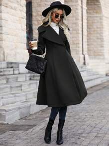 女式缺口领长袖收腰羊毛混纺大衣 - 黑色 - 查看 6