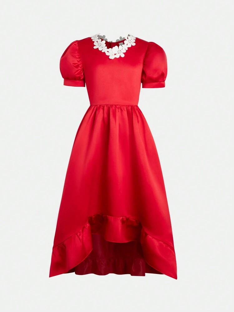 Tween Girls' Embroidered Puff Sleeve High Low Elegant Sweet Party Dress