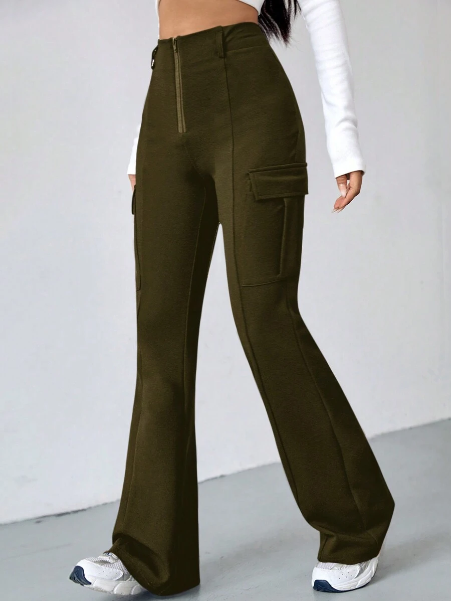 SHEIN EZwear Women's Zip Fly Side Pocket Trousers - Army Green - View 1