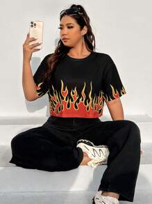 Coolane Plus Size Casual Contrast Color Flame Print Cropped Summer T-Shirt - Multicolor - View 6
