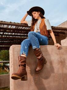 Styleloop Women's Versatile Fashionable Brown Boots With Rivets & Metal Buckle Decor - Coffee Brown - View 3