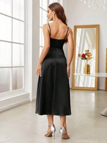 SHEIN Belle Women's Solid Color Spaghetti Strap Dress, Semi Formal Dress - Black - View 2