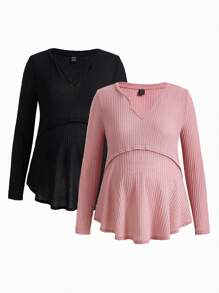 Modmama Maternity Solid Color Notch Collar T-Shirt