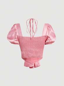 SHEIN MOD 女款純色泡泡袖正面繫帶襯衫 - 香檳色 - 查看 2