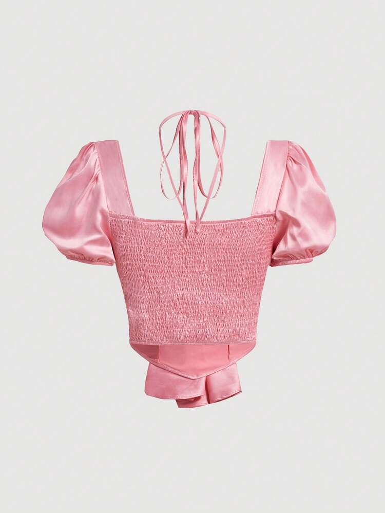 Ladies' Solid Color Puff Sleeve Tie Front Shirt