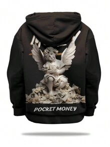 Manfinity EMRG 男士大尺碼天使和字母印花連帽運動衫 - 黑色 - 查看 4