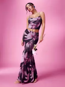 SHEIN BAE 女款花卉印花百褶裙 - 黑色 - 查看 3