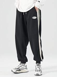 男士加大尺寸寬鬆修身對比側縫休閒運動褲 - 黑色 - 查看 1