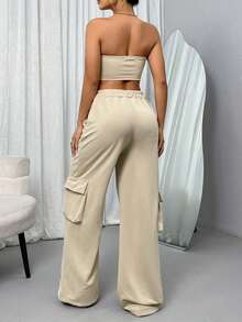 SHEIN Unity Conjunto De Dos Piezas: Top Sin Tirantes Y Pantalones Procesados ​​de Color Sólido - Caqui - Ver 2