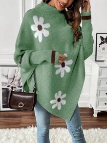 EMERY ROSE Women's Floral Pattern Batwing Sleeve Knit Pullover Fall Winter Sweater - Army Green - View 5