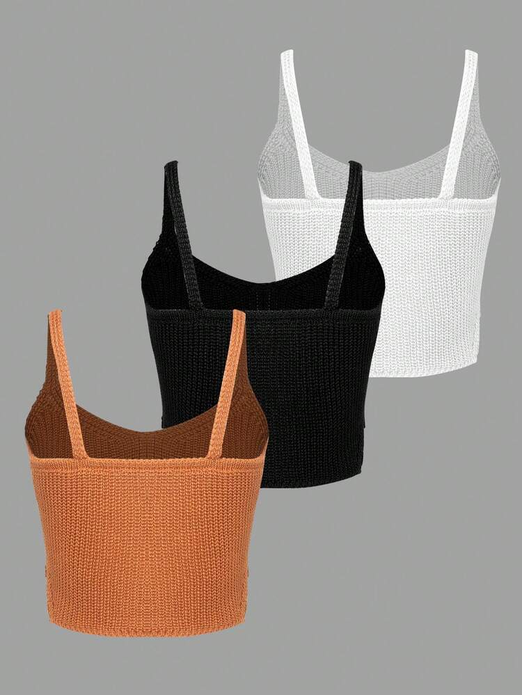 3pcs Solid Color Knitted Camisole Top