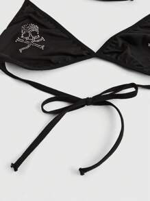 ROMWE Goth Skull Hot Diamond Strap Halter Neck Bra, Rave - Black - View 3