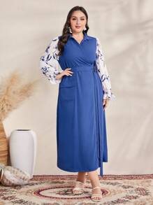 Mulvari Plus Size Women's Plant Print Ruffle Hem Long Sleeve Belted Dress