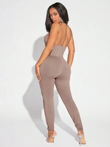 SHEIN SXY Women'S Cross Strap Halter Neck Tight Jumpsuit - Dusty Purple - View 2
