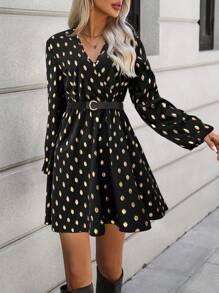 SHEIN LUNE Women's Wrap Dress With Gold Printed Pattern - Black - View 4