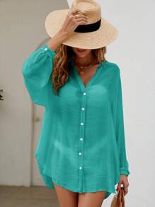 Swim Vcay 女單排扣和服襯衫 - 綠色 - 查看 2