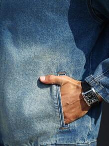 Manfinity Homme 寬鬆男士正面拉鍊牛仔夾克 - 中等水洗藍 - 查看 8