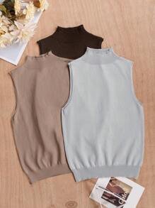 SHEIN Essnce 3pcs/Set Half High Neck Ribbed Knitted Sleeveless Top Combination - Multicolor - View 7