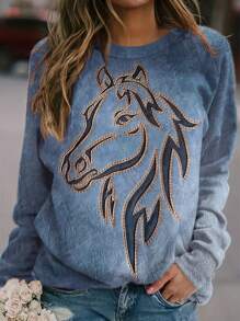 SHEIN LUNE 女馬印花落肩運動衫 - 藍色 - 查看 1