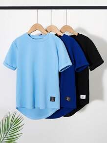 SHEIN 3pcs/Pack Boys' Multi-Color Casual Textured Arc Hem Short Sleeve T-Shirts, Suitable For Daily, Commute, Leisure & School Wear - Multicolor - View 1