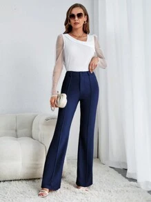 SHEIN Tall High Waist Flare Leg Pants - Navy Blue - View 5