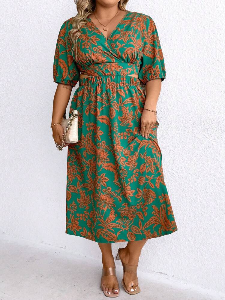 Plus Size Women's Full Printed Waist Hollow Dress