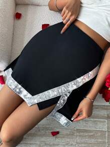 SHEIN Privé Falda Con Dobladillo Asimétrico Con Lentejuelas En Contraste - Negro - Ver 4
