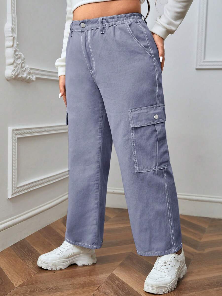 SHEIN EZwear Plus Size Solid Color Cargo Style Jeans - Light Grey - View 1
