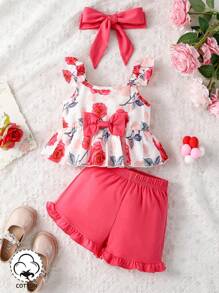 女婴花卉印花盖袖上衣和短裤套装 - 彩色 - 查看 1