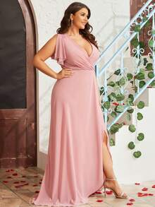 女士加大码 V 领高低伴娘礼服飘逸雪纺派对婚礼宾客优雅连衣裙 - 淺粉色 - 查看 5