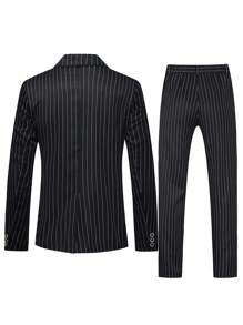 Calvornis Men Striped Double Breasted Blazer & Suit Pants Set - Black - View 2