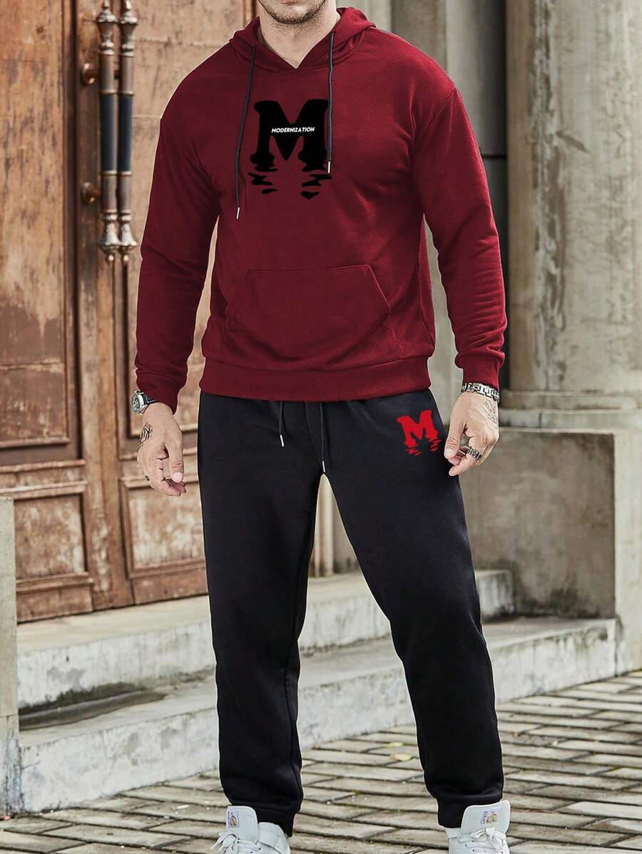 Extended Sizes Men Plus Hooded Sweatshirt And Joggers With Letter Printed Design - Multicolor - View 1