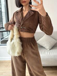 EURMUSE 2pcs/Set Lapel Collar Cropped Jacket & Stech Waist Pants - Coffee Brown - View 4