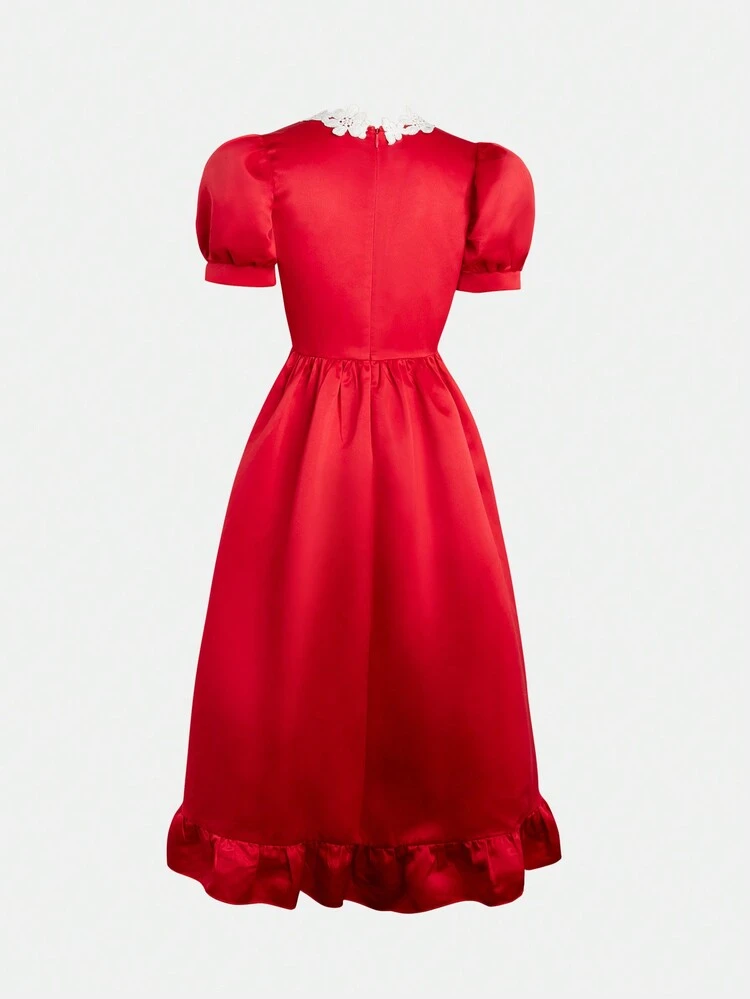 Tween Girls' Embroidered Puff Sleeve High Low Elegant Sweet Party Dress