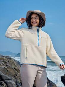 In My Nature Women's Half-Zip Outdoor Fleece Jacket With Pockets - Beige - View 6
