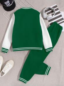 SHEIN Tween Boys' Cool Contrast Color Letter Pattern Jacket And Jogger Pants Outfit - Green - View 2