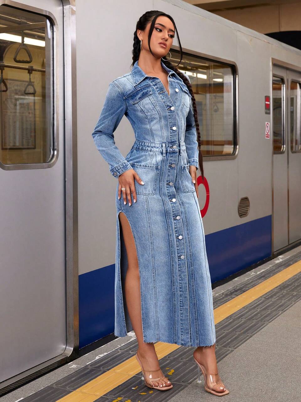 Women'S Side Slit Front Button Denim Dress Fall Cloth For Women