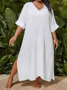 Slaydiva Summer Beach Plus Size 1pc V-Neck Batwing Sleeve Slit Side Cover Up Dress Wedding - White - View 1